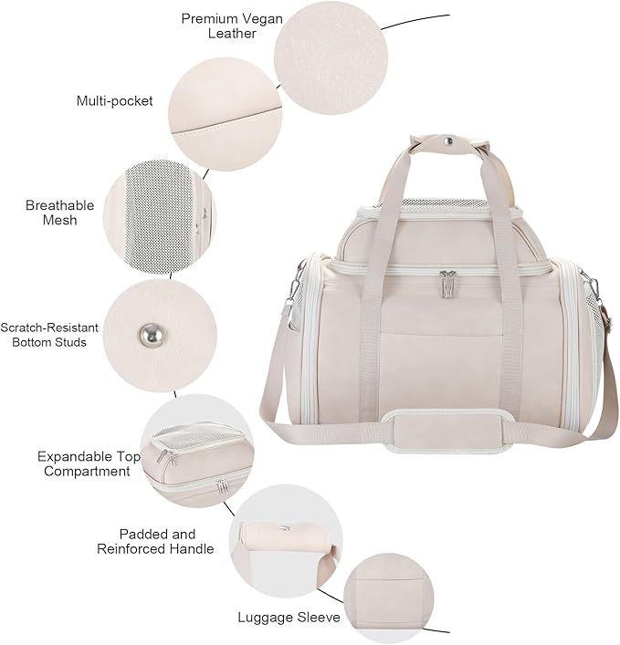 Premium Leather Top Expandable Pet Carrier for Small Dogs & Cats Under 15 lbs, Airline Approved Collapsible Soft-Sided Luxury Travel Bag Beige