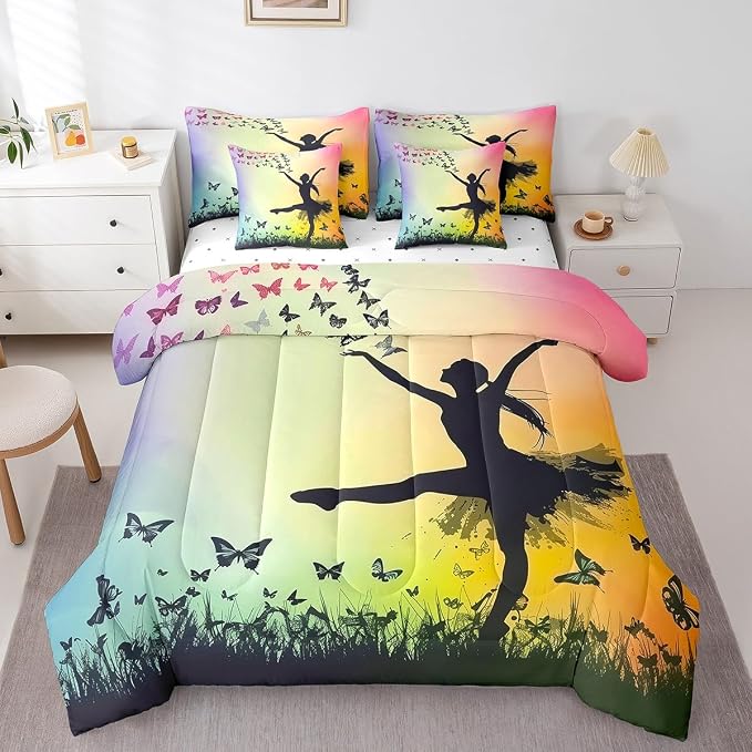 Feelyou Ballet 7 Piece Bedding Set Full Size Cute Ballet Comforter Set with Sheets for Kids Teens Toddler Dancing Girl Bed in a Bag Butterfly Bed Set - Image 3