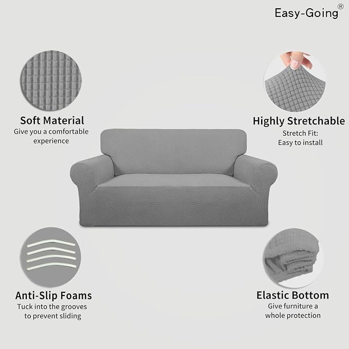 Easy-Going Stretch Oversized Loveseat Couch Covers Washable Light Gray | 1-Piece Large Loveseat Cover for 2 Cushion Couch Furniture Protector RV Sofa Slipcover Soft with Bottom for Kids Pets - Image 3