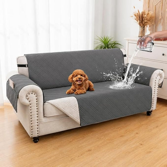 100% Waterproof Couch Cover for Dogs, Anti-Slip Washable Sofa Cover with Elastic Straps & Side Pockets, Durable Furniture Protector for Kids & Pets (Loveseat 46", Dark Grey) by Unknown