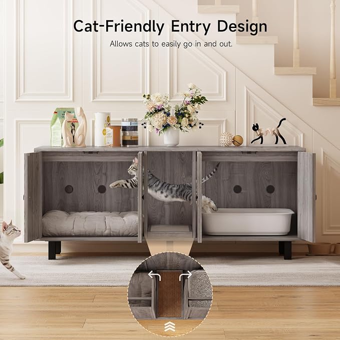 ONBRILL 59 Inches Cat Litter Box Enclosure for 2 Cats, Hidden Litter Boxes Furniture with Cat Scratch Pad, Large Indoor Pet House with Double Room, Wooden TV Stand Side Table, Grey - Image 4