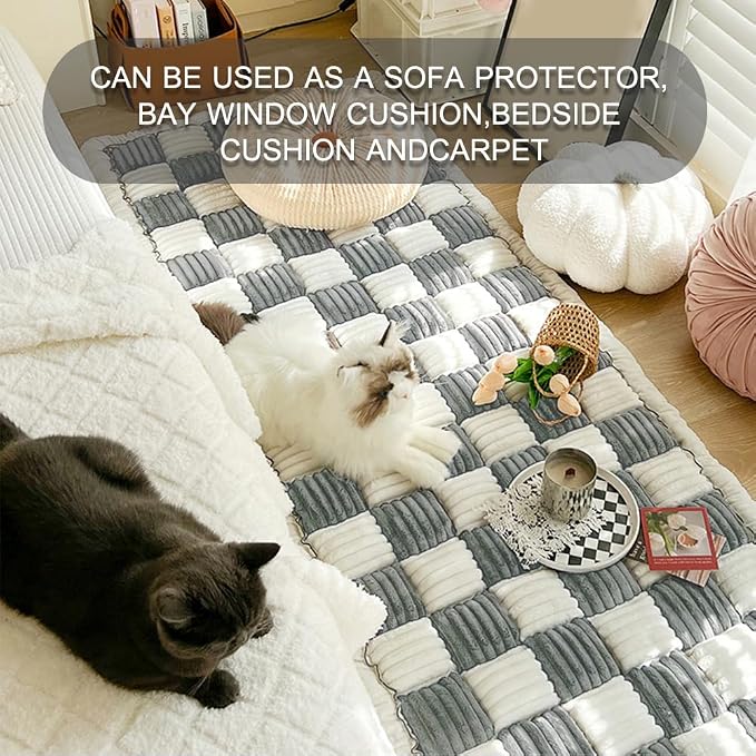 Fuzzy Chic Cotton Protective Couch Cover,Machine Washable & Non-Slip Pet Mat Bed Couch Cover,Garden Sofa Cover Cream-Coloured Plaid Pet Mat for Most Cats Dogs,Pets (gray blue, 35.4*70.9inch) - Image 5