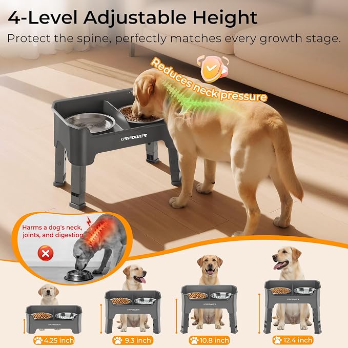 URPOWER Mess Proof Elevated Dog Bowls, Splash Guard Raised Bowl Stand | 4 Height Adjustable Raised Stand with 2 Stainless Steel Food Bowls & Licking Plate for Small, Medium & Large Dogs - Image 6