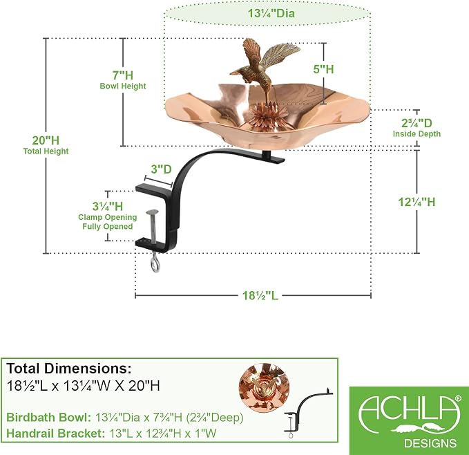Achla Designs Hummingbird Birdbath with Rail Mount Bracket - Image 2
