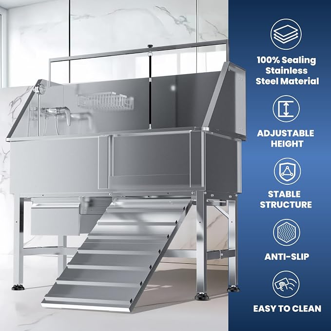 46" Dog Washing Station for Home,Stainless Steel Professional Dog Bathing Station Height Adjustable D og Grooming Tub Ramp, Drawer, Floor Grate & Fauct (R Ramp) - Image 3
