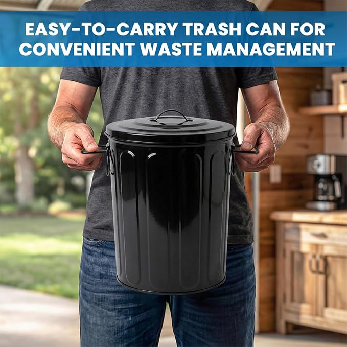 Plexon 5 Gallon Small Metal Trash Can with Lid Outdoor Galvanized Steel Bucket with Lid 5 Gal Storage Can for Dog Food Bird Seed Storage Container, Black - Image 4