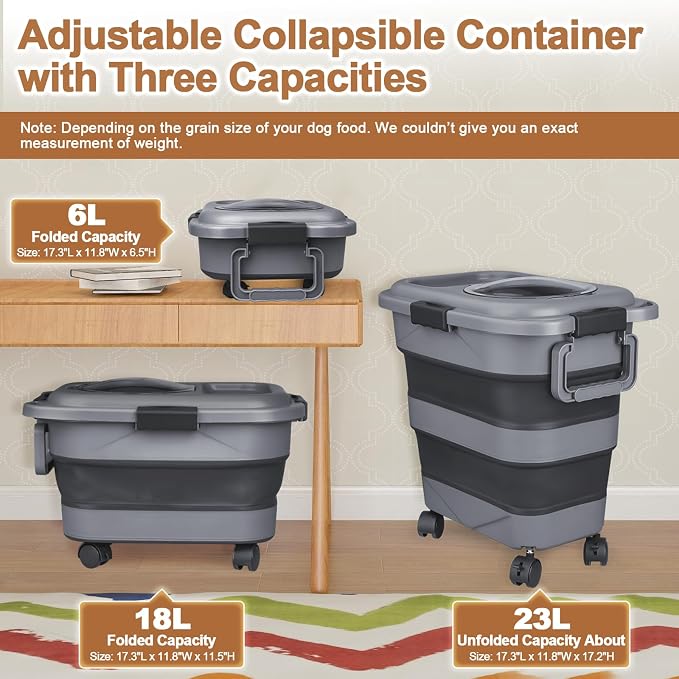 Dog Food Storage Container，2 Pack 25 lbs Airtight Collapsible Cat Food Storage Container with Attachable Wheels, Portable Handle, Dog Food Scoop for Dog Cat Bird Pet Dry Food Storage Bin Large - Image 2