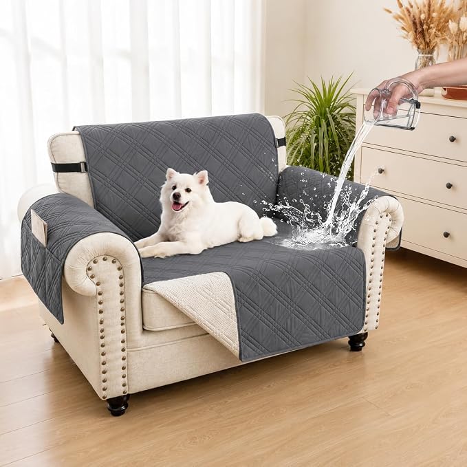 100% Waterproof Couch Cover for Dogs, Anti-Slip Washable Sofa Cover with Elastic Straps & Side Pockets, Durable Furniture Protector for Kids, Pets & Dogs (Armchair 23", Gray) by Unknown