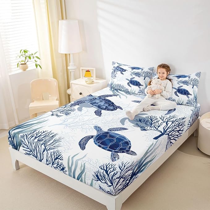 Turtle Sheet Set Full,White Blue Sea Turtle Bedding Set for Kids Boys Girls,Reptile Tortoise Fitted Sheet Ocean Beach Theme Top Sheet,Hawaiian Coastal Child 4 Pcs Bed Set,1 Flat Sheet, 2 Pillowcases - Image 5