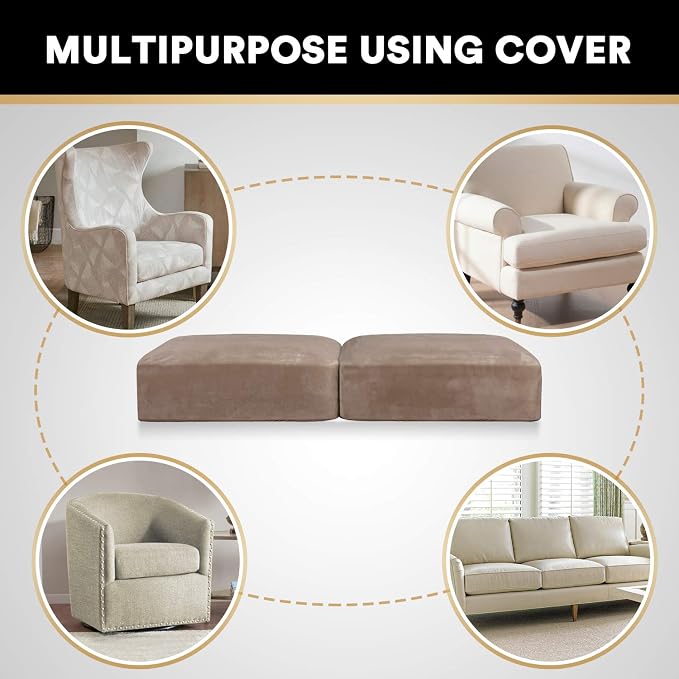 PrinceDeco Velvet Sofa Cushion Covers, Stretch Couch Cushion Covers for Individual Seat Couch Slipcover Sets Furniture Protector for Loveseat Sofa Cushion Width Up to 29.5", Taupe - Image 6