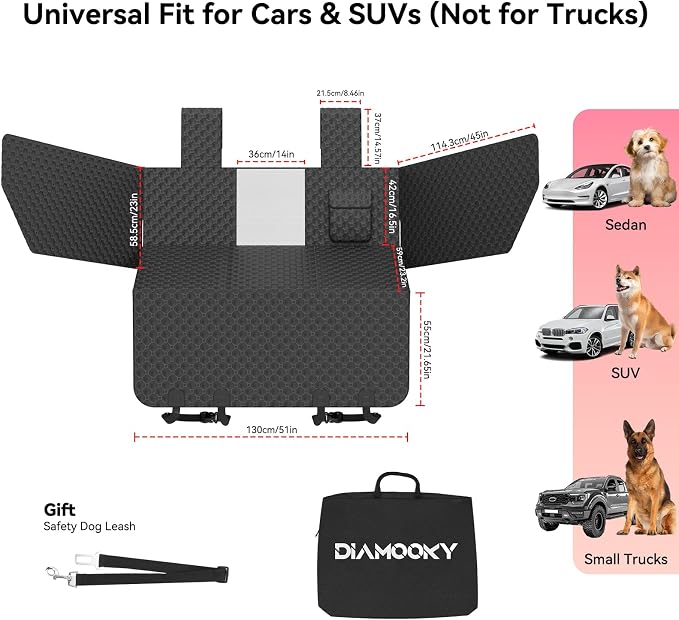 DIAMOOKY Hard Bottom Dog Car Seat Cover for Cars SUVs & Small Trucks | One-Piece Hard Bottom, 420-LB Capacity, Waterproof, Door & Headrest Protector, Pet Bed Dog Hammock, Not for 3-Row Seats - Image 8