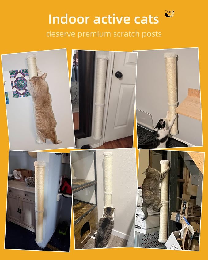 Aechonow 34" Cat Scratching Post, Sisal Wall Mounted Cat Scratcher for Cats | Cat Wall Climber, Cat Wall Scratcher, Cat Wall Furniture for Indoor Cats, Natural Sisal, Tall & Sturdy, Rabbit Velvet - Image 3