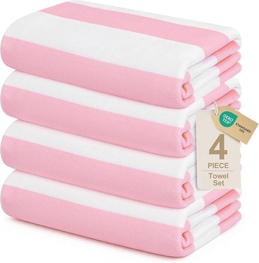 Touchat 4 Pack Beach Towels Oversized 30'' x 60'' Microfiber Pool Swim Bath Camping Travel Cabana Stripe Quick-Dry Super Absorbent Lightweight Sand Free Towel for Adults, Multi-Functional，Pink by TOUCHAT