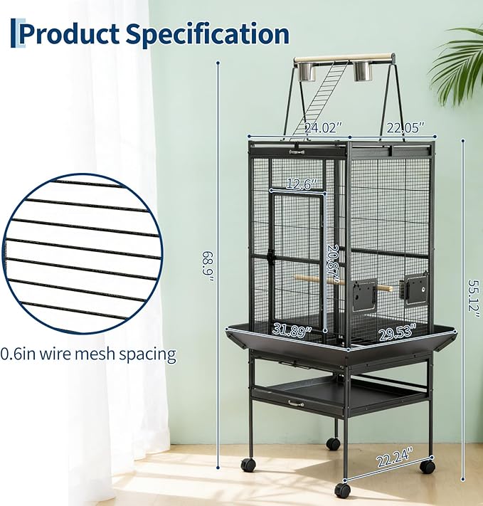 68“h Bird Cage, Large Bird Cage with Play Top, Rolling Stand for Parakeets, Cockatiels, Parrots, Budgies, Lovebirds, Small/Medium Birds - Image 2