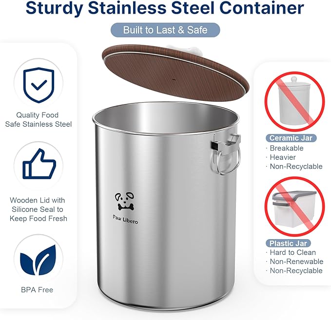 Paw Libero 25 Lbs Stainless Steel Dog Food Storage Container with Airtight Wooden Lid & Ceramic Bone Handle, Large Metal Dog Food Bin for Dogs & Cats, Keep Fresh, Easy to Clean - Image 3