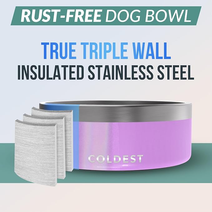 Coldest Dog Bowl - Anti Rust Metal, Non Slip, 3 Layers Insulated Stainless Steel Dog Bowls - Spill Proof & Heavy Duty - Water Bowl for Dogs, Cats, Dish Washer Safe (64 oz, Saturns Purple Glitter) - Image 3