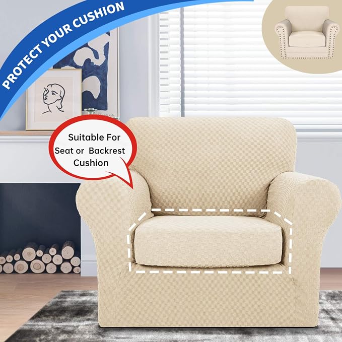 YEMYHOM Stretch Individual Cushion Covers Sofa Chair Seat Cushion Slipcovers Soft Couch Cover Replacement Large Checkered Furniture Protector with Elastic Bottom (1 Pc Cushion Cover, Light Beige) - Image 3