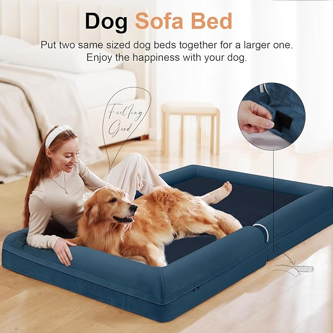 NANUYA Orthopedic Dog Bed for XX-Large Dogs, 44 x 34 Inch, Navy Blue | Egg crate foam for joint support, 3-sided bolster pet sofa, waterproof lining, washable cover, and non-skid base - Image 3