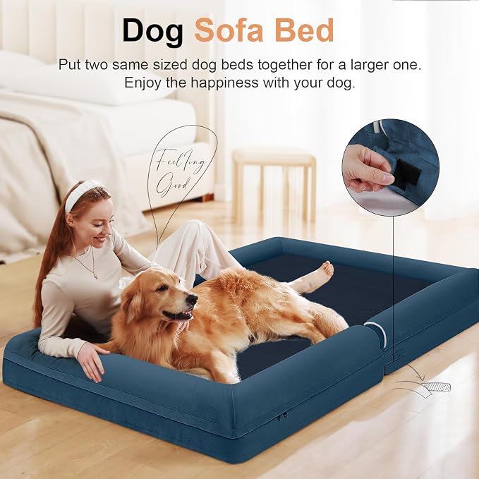 NANUYA Orthopedic Dog Bed for Jumbo Dogs, 48 x 33 Inch, Navy Blue | Egg crate foam for joint support, 3-sided bolster pet sofa, waterproof lining, washable cover, and non-skid base - Image 3