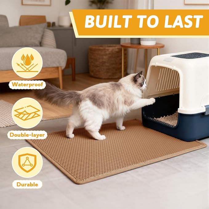 Pieviev Cat Litter Mat Double Layer Waterproof Urine Proof Trapping Mat 1 Pack (30''X24'', Brown) | Honeycomb Design Catches Scattered Particles to Stop Tracking, Urineproof Base Protects Floors, Easy to Clean - Image 7