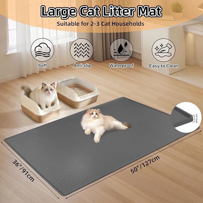 Silicone Cat Litter Mat 50" x 36" Cat Mat for Litter Box, Dark Grey | Extra Large Cat Litter Trapping Mat for Floor, Waterproof, Non-Slip Kitty Litter Box Mat with Raised Edge, Easy to Clean - Image 2