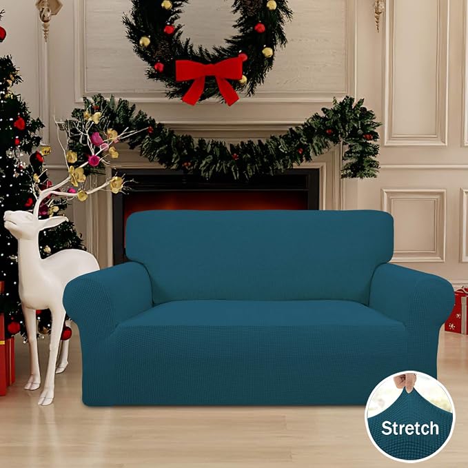 Easy-Going Stretch Loveseat Couch Covers Washable Peacock Blue | 1-Piece Loveseat Covers for 2 Cushion Couch Furniture Protector RV Sofa Slipcover Soft with Bottom for Kids Pets - Image 2