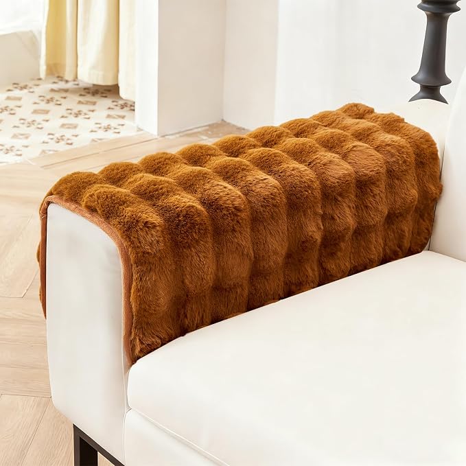 DREAMINGO Faux Fur Couch Armrest Cover, Soft Plush Sofa Covers for Pet Washable, Non Slip Furniture Protector for 2-3 Cushion Couch Sofa, 27.6x27.6 Inch, Brown by DREAMINGO
