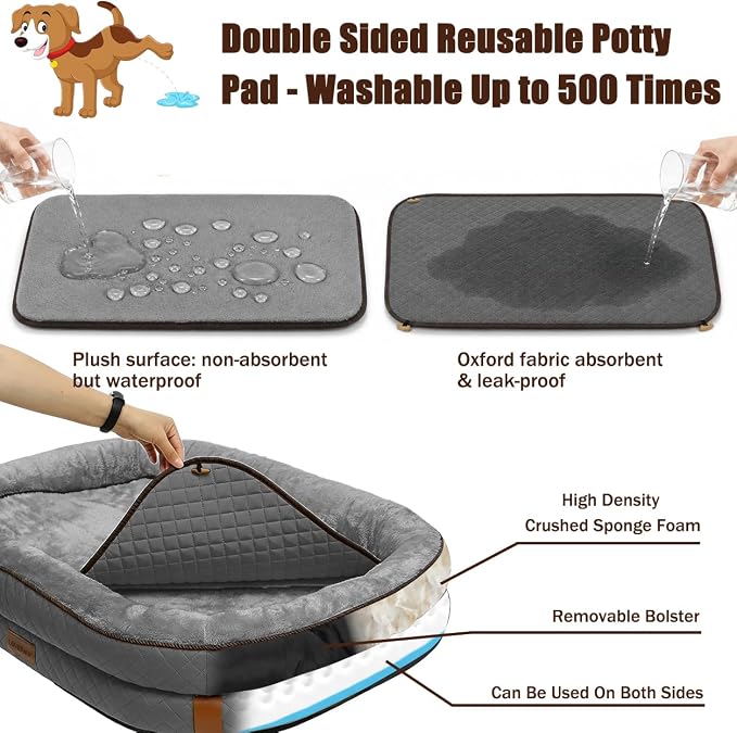 Large Dog Bed with Reusable Potty Pad - 44.1" x 32.3" x 6.3" Dark Gray Bolster Pet Bed with Soft Plush Surface and Zippered Cover for Large Dogs - Image 2