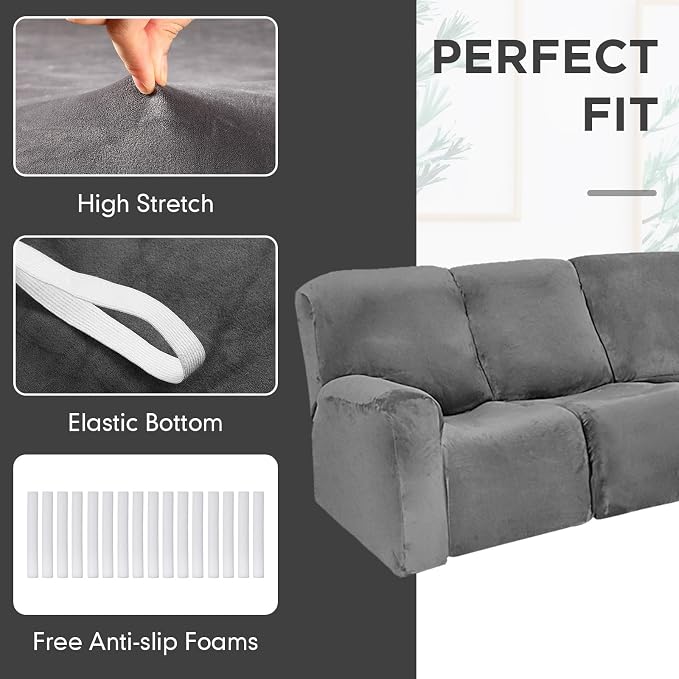 Peryiter 7 Pcs L Shape Sectional Recliner Sofa Covers 5 Seat Sectional Couch Covers Milk Silk Velvet Stretch Reclining Sofa Slipcover Furniture Protector for Living Room(Dark Gray,Velvet) - Image 6