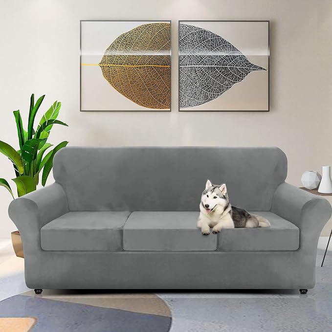 ZNSAYOTX Luxury Velvet Couch Cover 4 Piece (72"-92") Stretch Sofa Covers for 3 Cushion Couch Thick Soft Sofa Slipcover with Non Slip Strap, Dog Pet Friendly Nice Furniture Protector (Grey) - Image 2