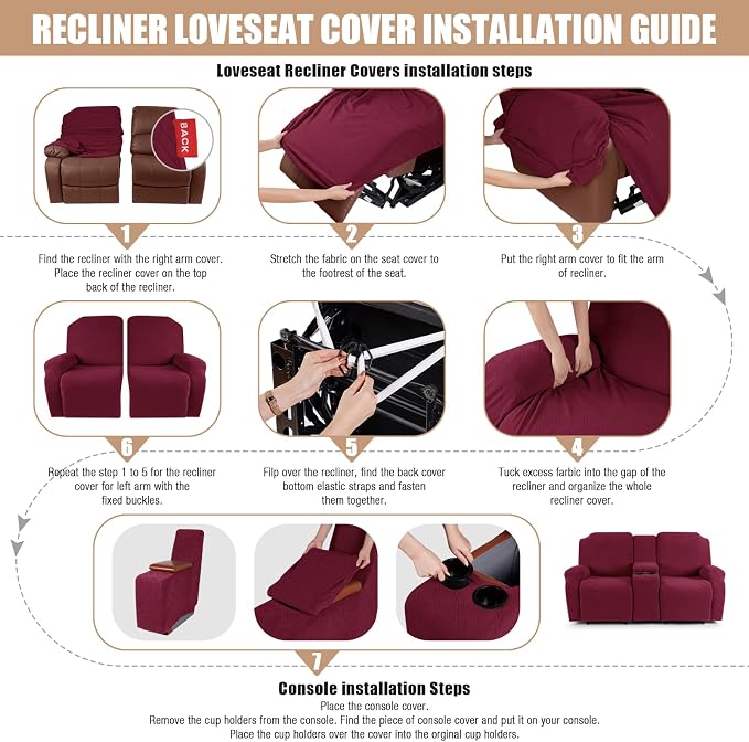 VANSOFY Recliner Loveseat Cover with Middle Console Stretch Reclining Sofa Slipcover for 2 Seat Jacquard Reclining Couch Sofa Covers Furniture Protector with Elastic Straps Bottom (Burgundy) | 4-Pieces, Soft Furniture Protector, Washable Slipcover with... - Image 6