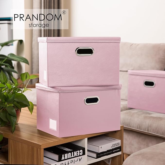 PRANDOM Collapsible Storage Bins with Lids [3-Pack] Leather Fabric Foldable Storage Boxes Organizer Containers Baskets Cube with Cover for Bedroom Closet Office Nursery Pink (14.9x10.8x10) - Image 2