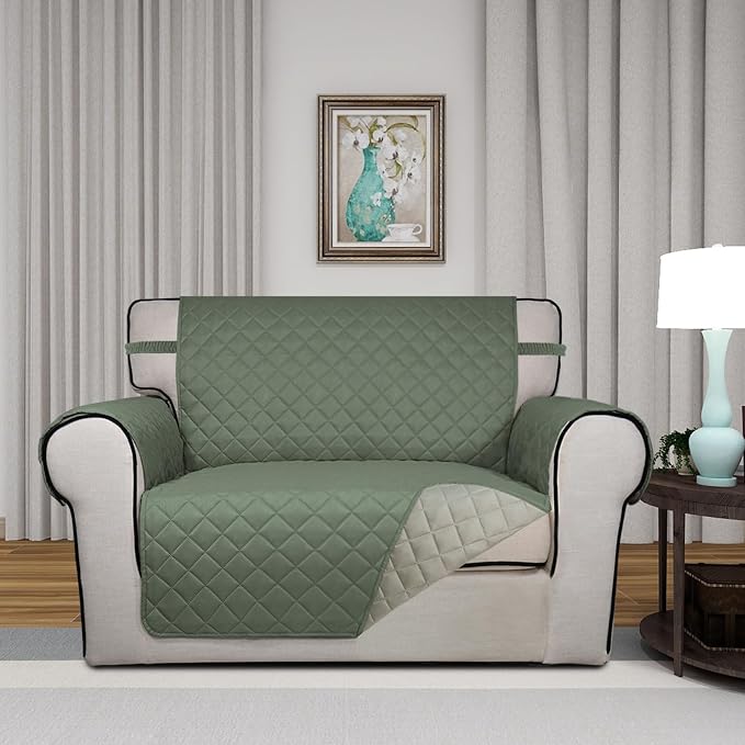 PureFit Reversible Quilted Sofa Cover Dog Couch Covers for Sofa, 28 in | Greyish Green/Beige, Water Resistant Couch Protector, Washable Pet Couch Cover with Non Slip and Elastic Straps For Kids - Image 2