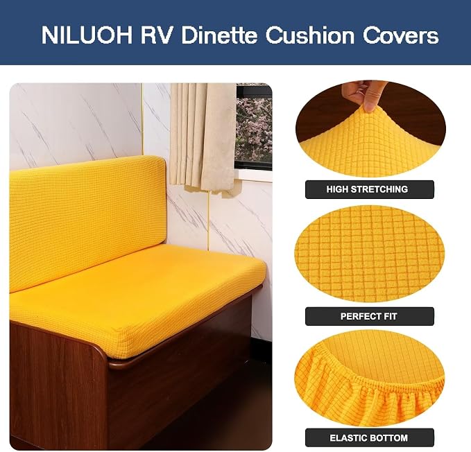NILUOH RV Dinette Cushion Covers,Jacquard Camper Cushion Slipcovers Replacement Sofa Cushions Washable Loveseat Slipcovers for Travel Trailer Couch (2 Bench Cover & 2 Backrest Cover, Yellow) - Image 2