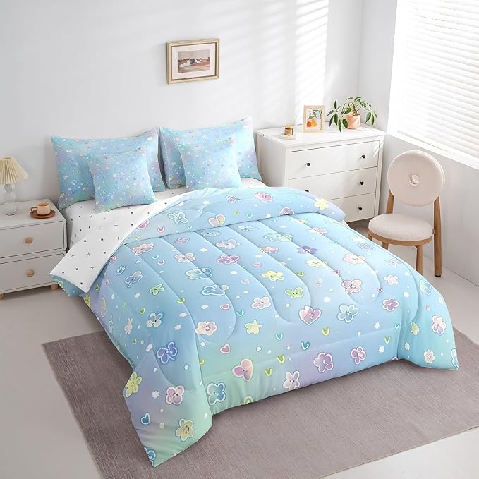 Feelyou Cute Flower 7 Piece Bedding Set King Size Cartoon Flower Bed in a Bag for Kids Girls Teens Toddler Rainbow Comforter Set with Sheets Cartoon Bed Set - Image 2