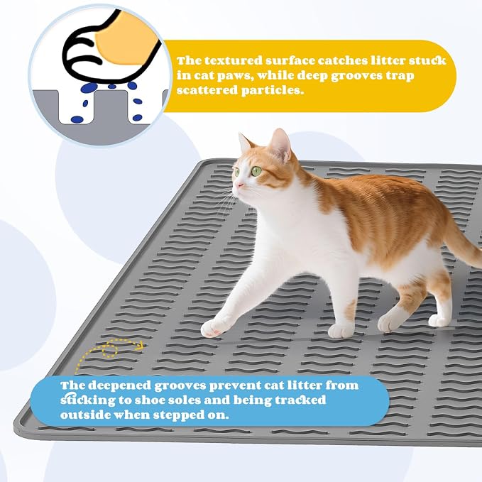 Cat Litter Mat, 47x35in Extra Large Litter Trapping Mat, Grey | XXL Cat Mat Fits 2-4 Litter Boxes, Silicone Litter Trapping Mat, Waterproof Raised Edges, Non-Slip Bottom, Easy Clean - Image 3