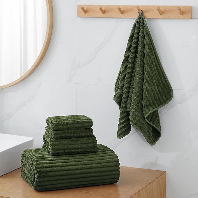 6 Piece Bath Towel Set, 30"x60" Towels, Olive Green | Microfiber,Quick dry, Highly Absorbent,shower towels for bathroom gym,2 large Bath towels,2 hand towels,2 washcloths - Image 2