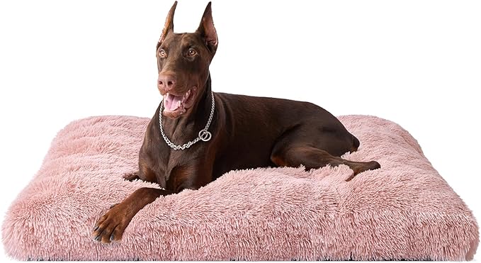 EHEYCIGA Fluffy Dog Crate Bed, Plush XX Large Dog Pillow, Pink | Xlarge Calming Anti Anxiety Plush Faux Fur Mat for Large size dogs, Washable Soft Warm Dog Pad with Non-Slip Bottom by EHEYCIGA