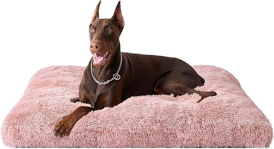 EHEYCIGA Fluffy Dog Crate Bed, Plush XX Large Dog Pillow, Pink | Xlarge Calming Anti Anxiety Plush Faux Fur Mat for Large size dogs, Washable Soft Warm Dog Pad with Non-Slip Bottom by EHEYCIGA