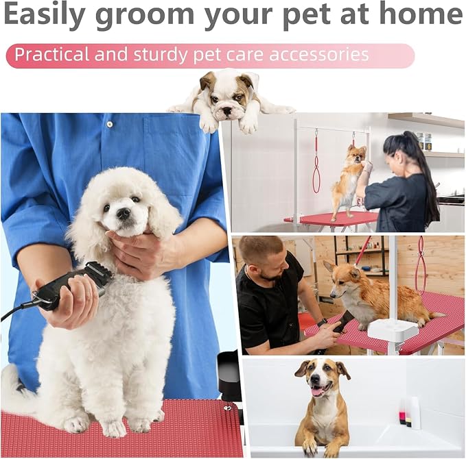 Professional Dog Pet Grooming Table Adjustable Heavy Duty Portable w/Arm & Noose & Mesh Tray (Pink, 46") - Image 8
