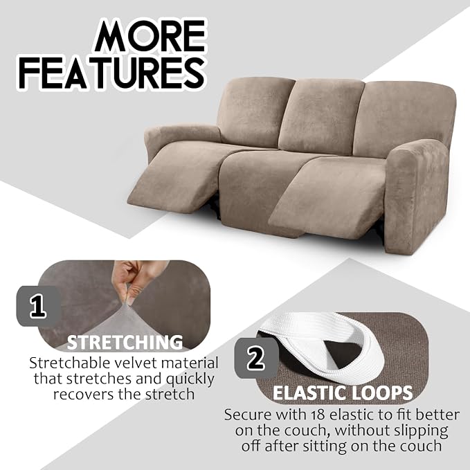ULTICOR Velvet 8-Pieces Recliner Sofa Covers Stretch Reclining Couch Covers for 3 Cushion Reclining Sofa Slipcovers Furniture Covers Thick Soft Washable (3 Seater Recliner Cover, Taupe) - Image 4