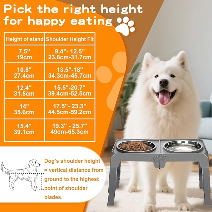 Elevated Dog Bowls for Large Dogs 5 Adjustable Heights 7.5"-15.4", 2 X-Large 10” Stainless Steel Bowls, Heavy Duty Raised Dog Bowl Stand Foldable Pet Feeder for Dogs Shoulder Height Over 15”, Grey - Image 7