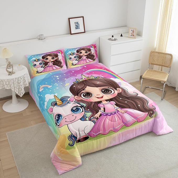 Manfei Princess Unicorn Comforter Set,Dreamy Animal Fairy Tale Cartoon Bedding Set for Adults Living Room,Starry Rainbow Glitter Fantasy Quilt Set,Pink Blue Duvet Insert 3 Pcs with 2 Pillowcases,King - Image 2