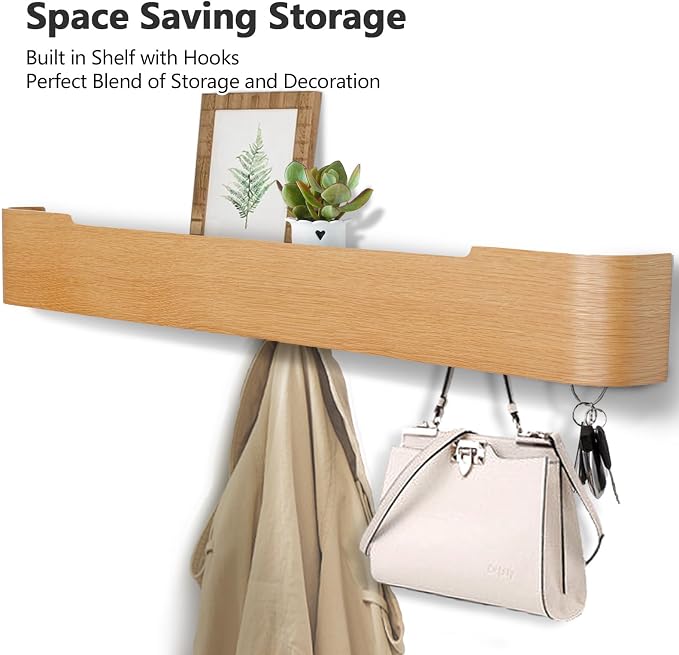 Coat Rack Wall Mount with Hidden Hooks Modern Key Holder Wood Entryway Hook with Shelf for Bedroom Kitchen Hallway Bathroom Designed for Hanging Coats Hats Bags Towels Dog Leashe(Oak,8 Hooks) - Image 2
