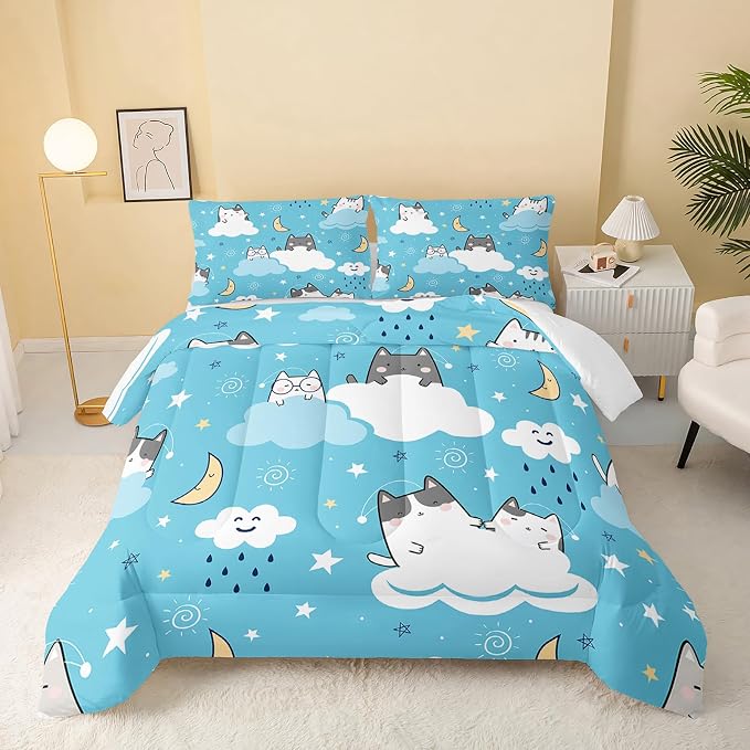 QOOMO Cat Comforter Twin Size, Blue Cloud Cats Comforter Set for Kids Teens Girls Boys, 3Pcs Bedding Set Printed Comforter with 2 Pillowcases, Down Alternative, Soft and Lightweight by QOOMOHOME