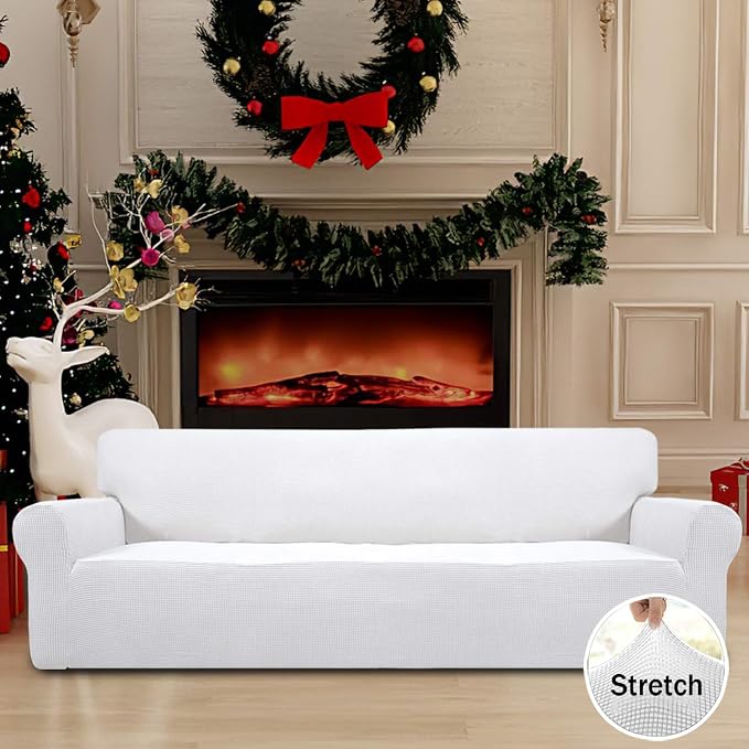 Easy-Going Stretch 4 Seater Oversized Sofa Couch Cover Snow White | 1-Piece Extra X-large Sofa Cover Furniture Protector Couch Soft with Bottom for Kids, Spandex Jacquard - Image 2