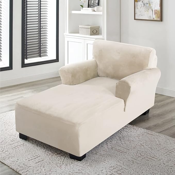 FantasDecor Velvet Chaise Lounge Cover Stretch Double Arm Chair Slipcover for Living Room Bedroom Soft Plush Fabric Machine Washable, Ivory - Image 3