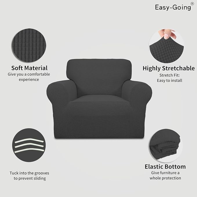 Easy-Going Stretch Chair Sofa Slipcover Washable Dark Gray | 1-Piece Couch Sofa Cover Furniture Protector for Living Room Soft with Elastic Bottom For Kids, Pet. Spandex Jacquard Fabric - Image 3