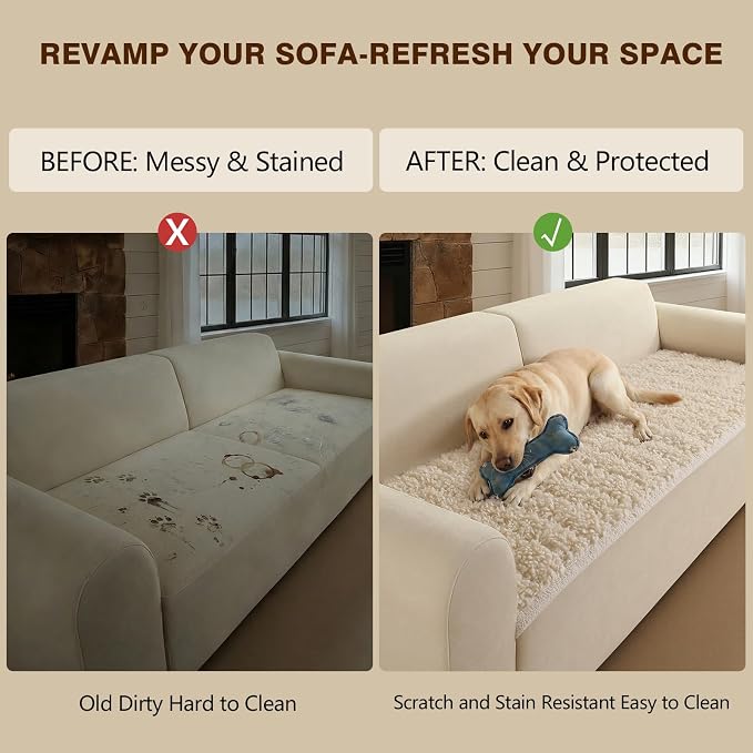 OHSIO Couch Cover for Pets, Washable Non-Slip Sofa Cover Pet Friendly, Soft Fuzzy Teddy Fleece Sofa Slipcover for 3 Cushion Sofa Furniture Protector (Ivory, 27.6" x 70.8") - Image 8