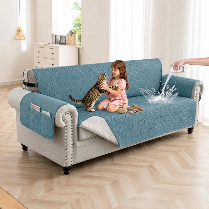100% Waterproof Quilted Couch Cover,Straps&Pockets,78" Grayishblue | Washable sofa cover, pet-friendly, scratch-resistant furniture protector, quilted sofa cover, reversible, non-slip backing. by Unknown